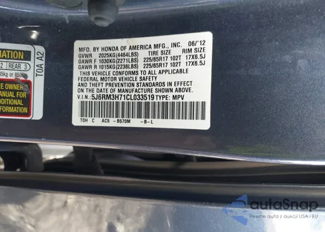 2012 Honda Cr-V Ex-L from USA, damaged, VIN 5J6RM3H71CL033519